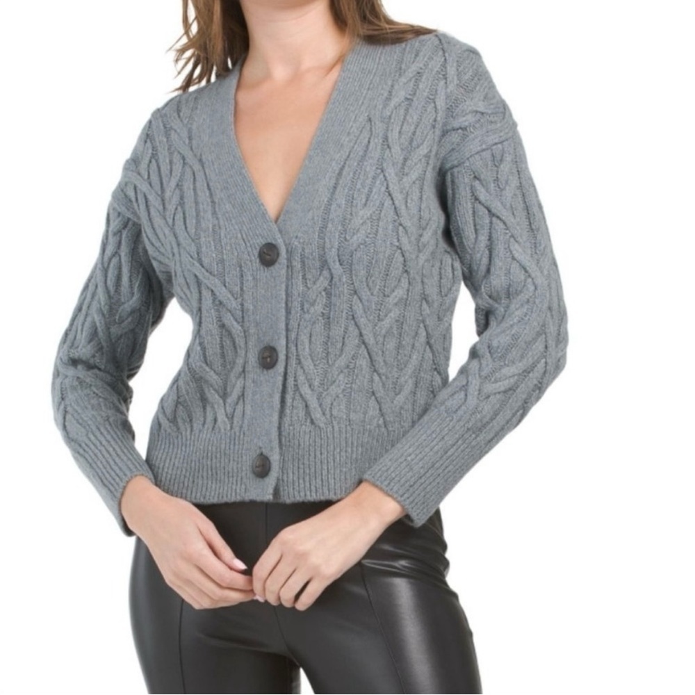 Vince Women’s Interlocking Cable Wool-Cashmere-Blend Cardigan in Grey Size XL
